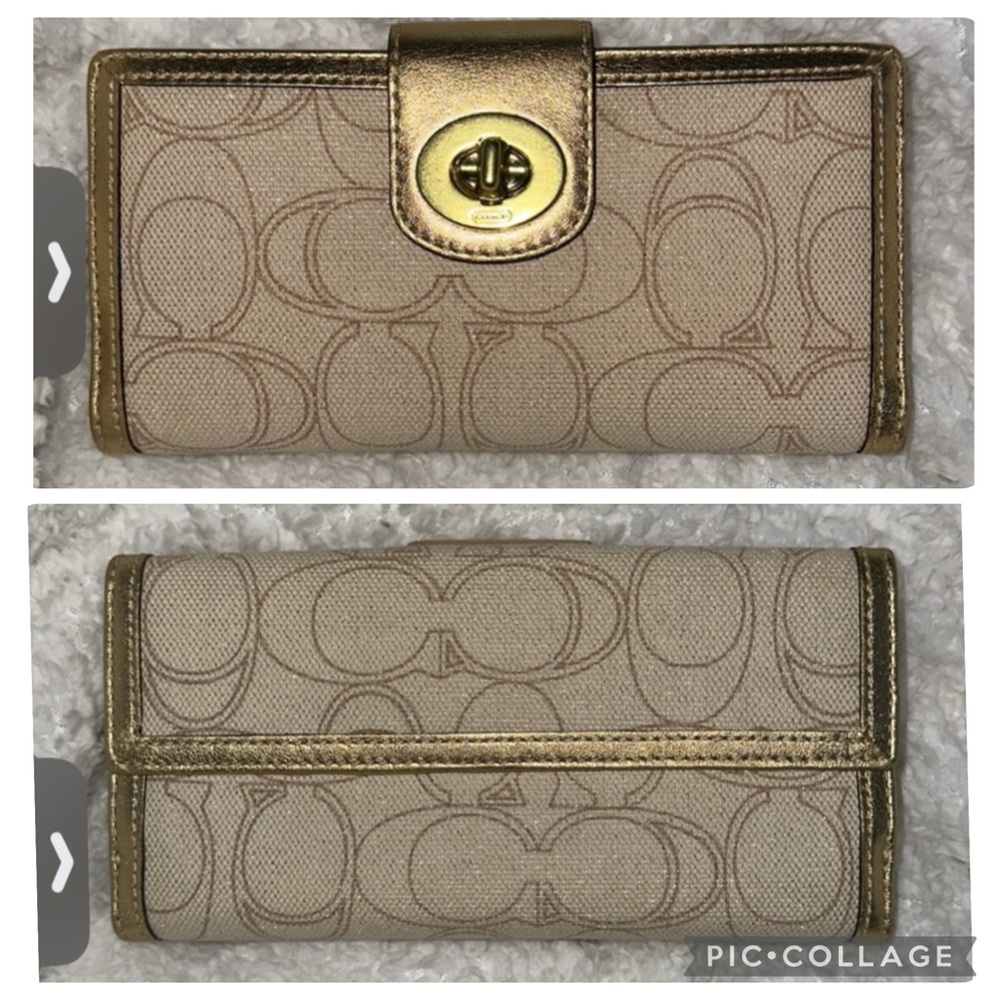 Coach Gold metallic cream and brown signature canvas long Wallet bundle - Picture 2 of 16